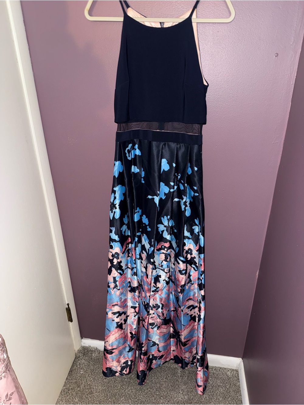 Black and Blue Floral Satin Dress
